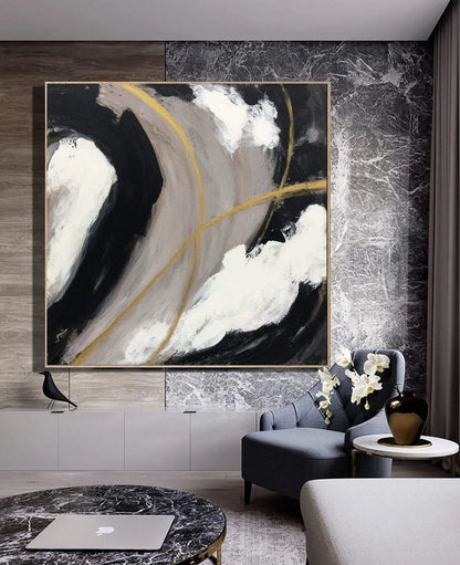 Abstract Oil Painting in Black, White, and Gold - Modern Home Decor Art