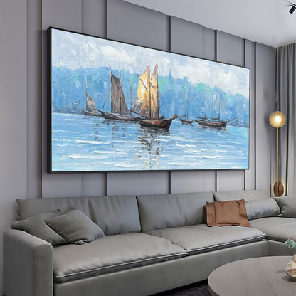 Majestic Viking Ships on Serene Waters – Stunning Oil Painting for Coastal Decor
