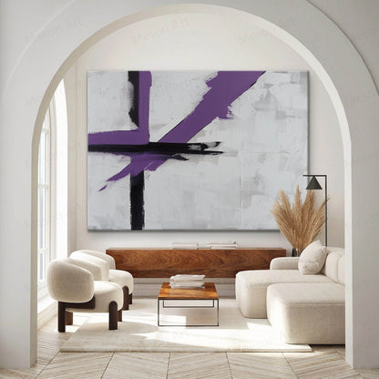 Abstract Purple and Black Minimalist Oil Painting for Modern Decor