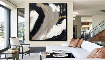 Abstract Oil Painting in Black, White, and Gold - Modern Home Decor Art