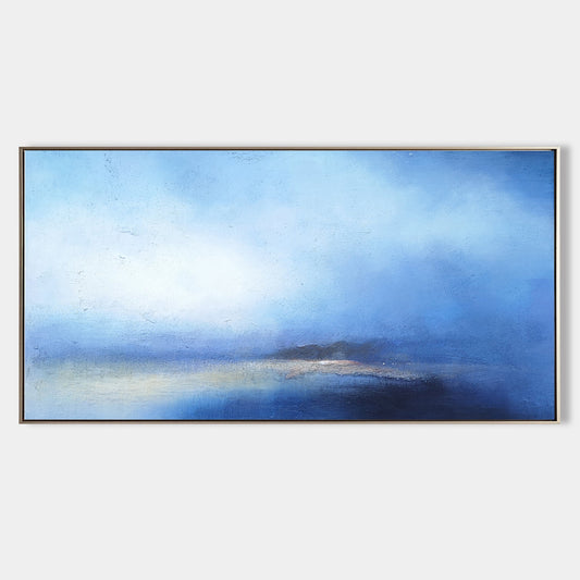 Serene Blue Ocean Horizon Abstract Oil Painting for Tranquil Home Decor