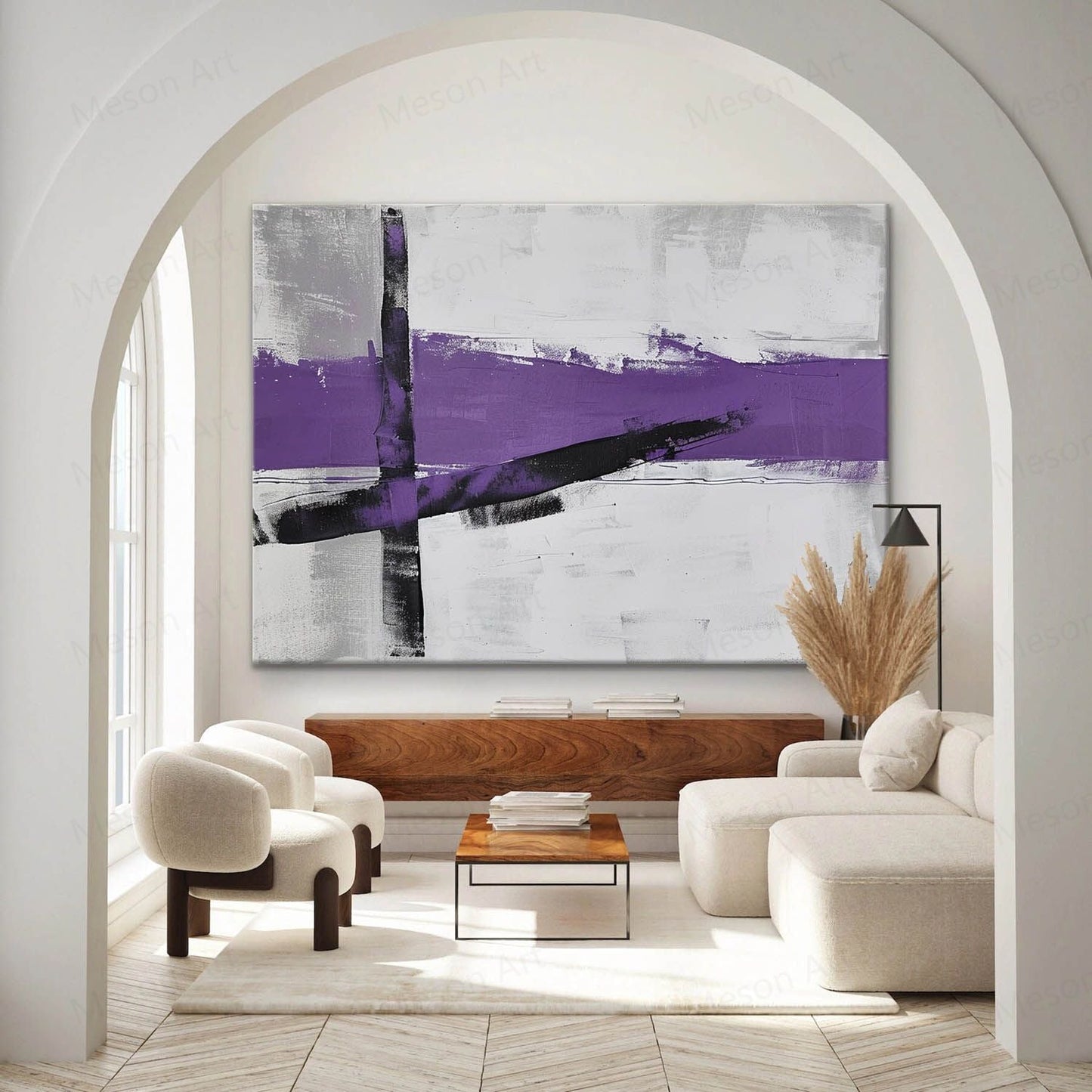 Abstract Purple Lines on Neutral Background - Elegant Modern Wall Art