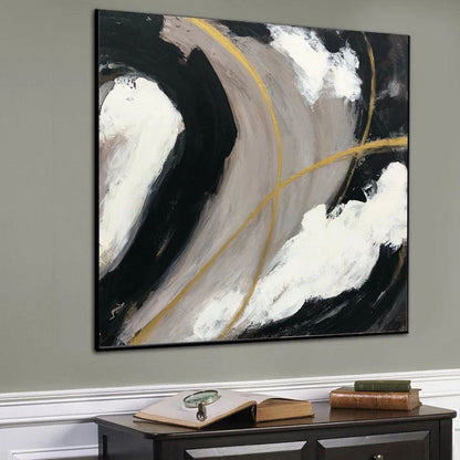 Abstract Oil Painting in Black, White, and Gold - Modern Home Decor Art