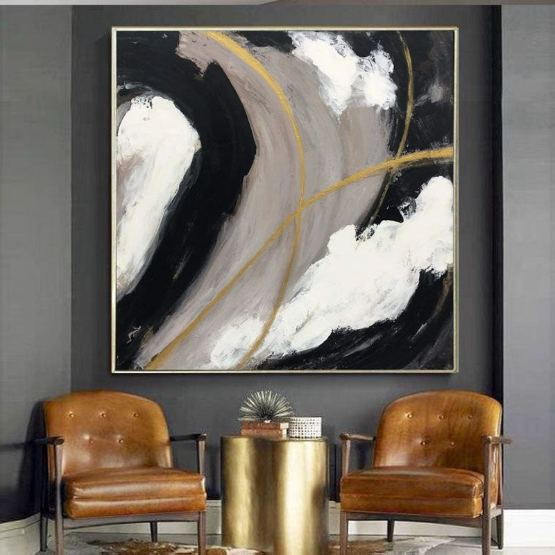 Abstract Oil Painting in Black, White, and Gold - Modern Home Decor Art