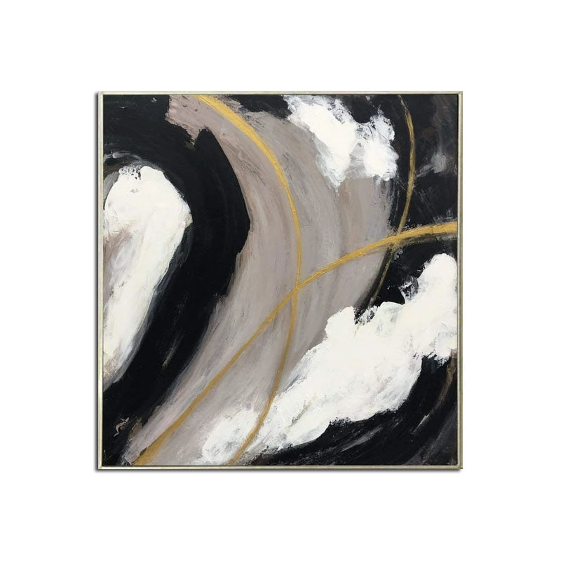 Abstract Oil Painting in Black, White, and Gold - Modern Home Decor Art