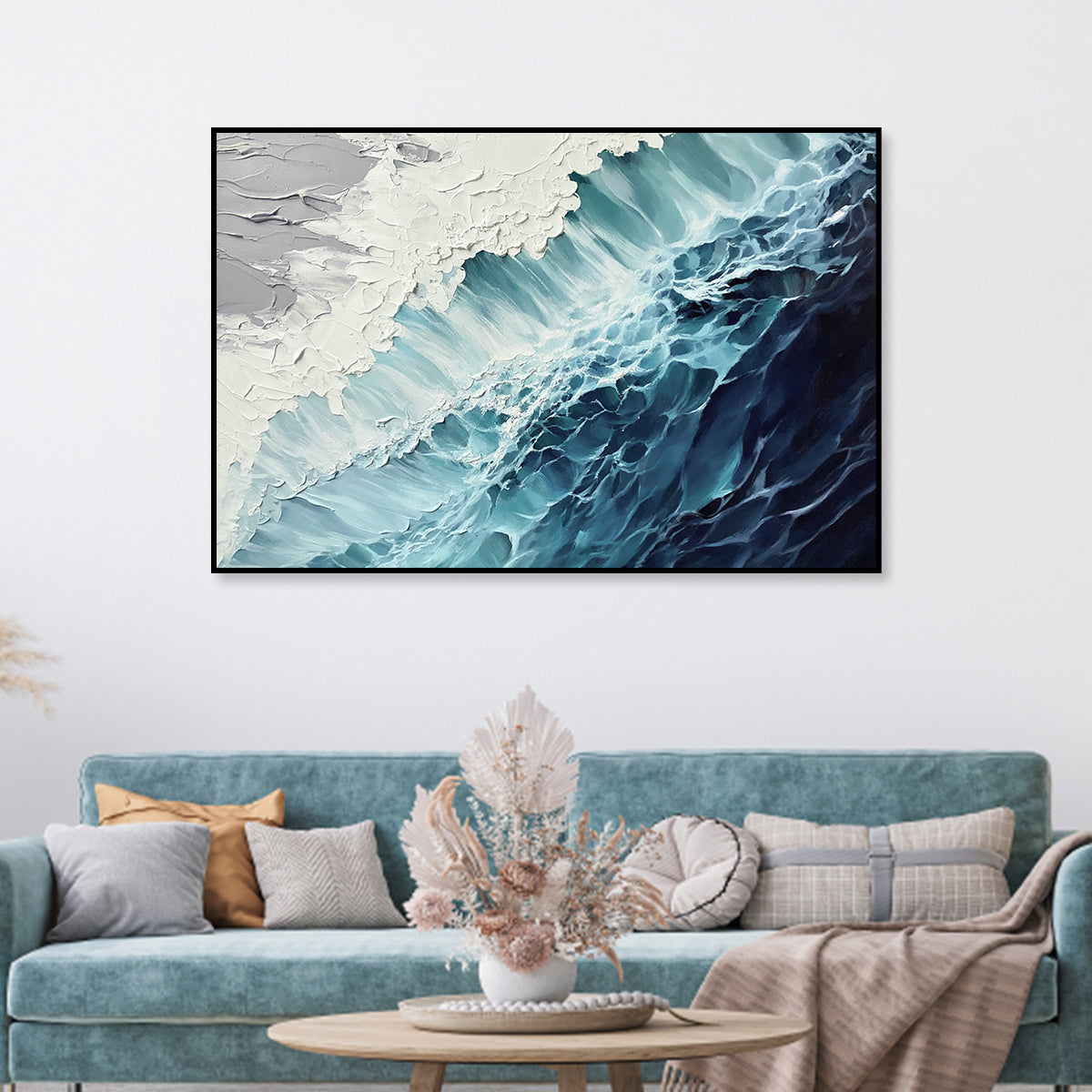 Tranquil Blue and Green Abstract Ocean Wave Oil Painting for Modern Home Decor