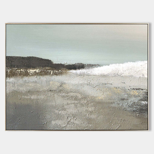 Serene Coastal Landscape Oil Painting with Soft Waves and Tranquil Tones