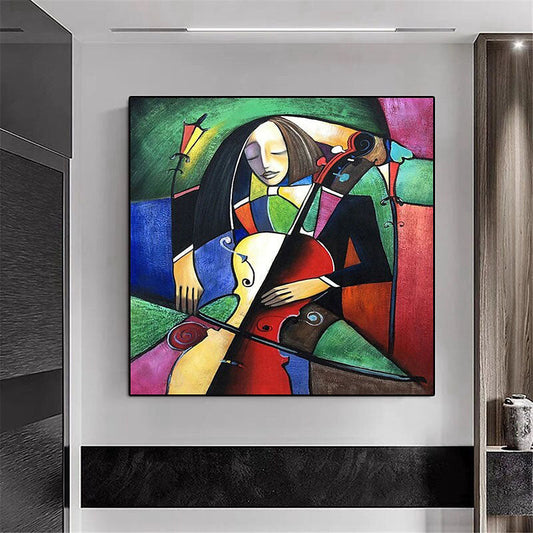 Colorful Musician Playing Violin and Cello in Abstract Oil Painting