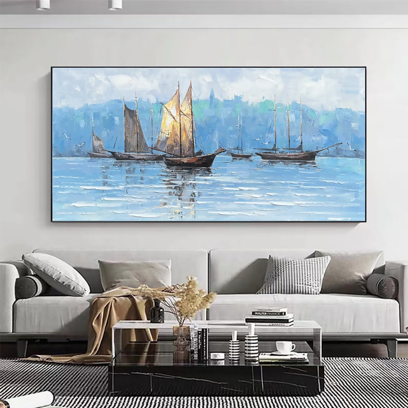 Majestic Viking Ships on Serene Waters – Stunning Oil Painting for Coastal Decor