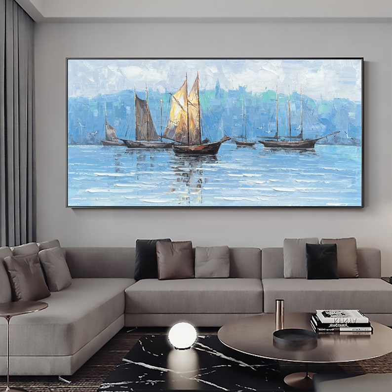 Majestic Viking Ships on Serene Waters – Stunning Oil Painting for Coastal Decor