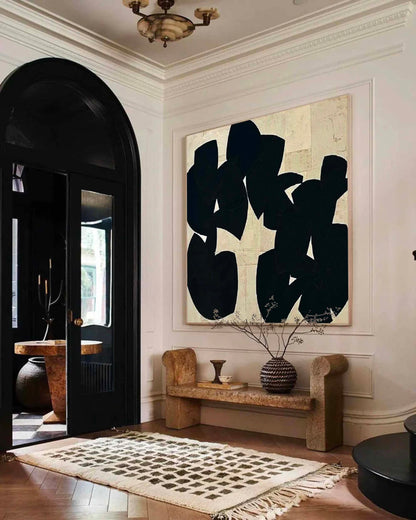 Contemporary Minimalist Abstract Oil Painting with Bold Black Shapes