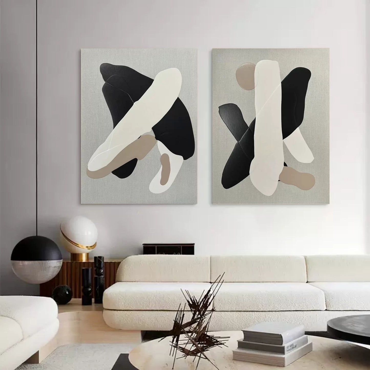 Contemporary Black and White Abstract Oil Painting Duo for Modern Decor