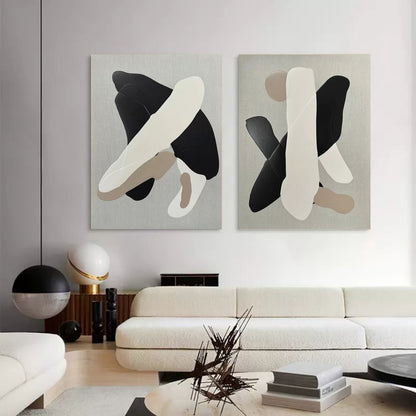 Contemporary Black and White Abstract Oil Painting Duo for Modern Decor