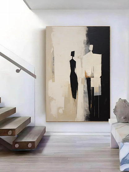 Elegant Black and White Contemporary Minimalist Oil Painting for Modern Decor