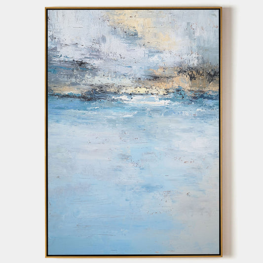 Serene Beach Sunset Oil Painting in Tranquil Blues and Gold Hues