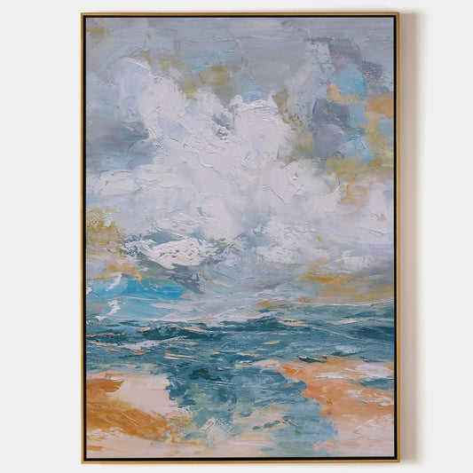 Vibrant Impressionist Seascape Oil Painting – Coastal Waves and Cloudy Skies