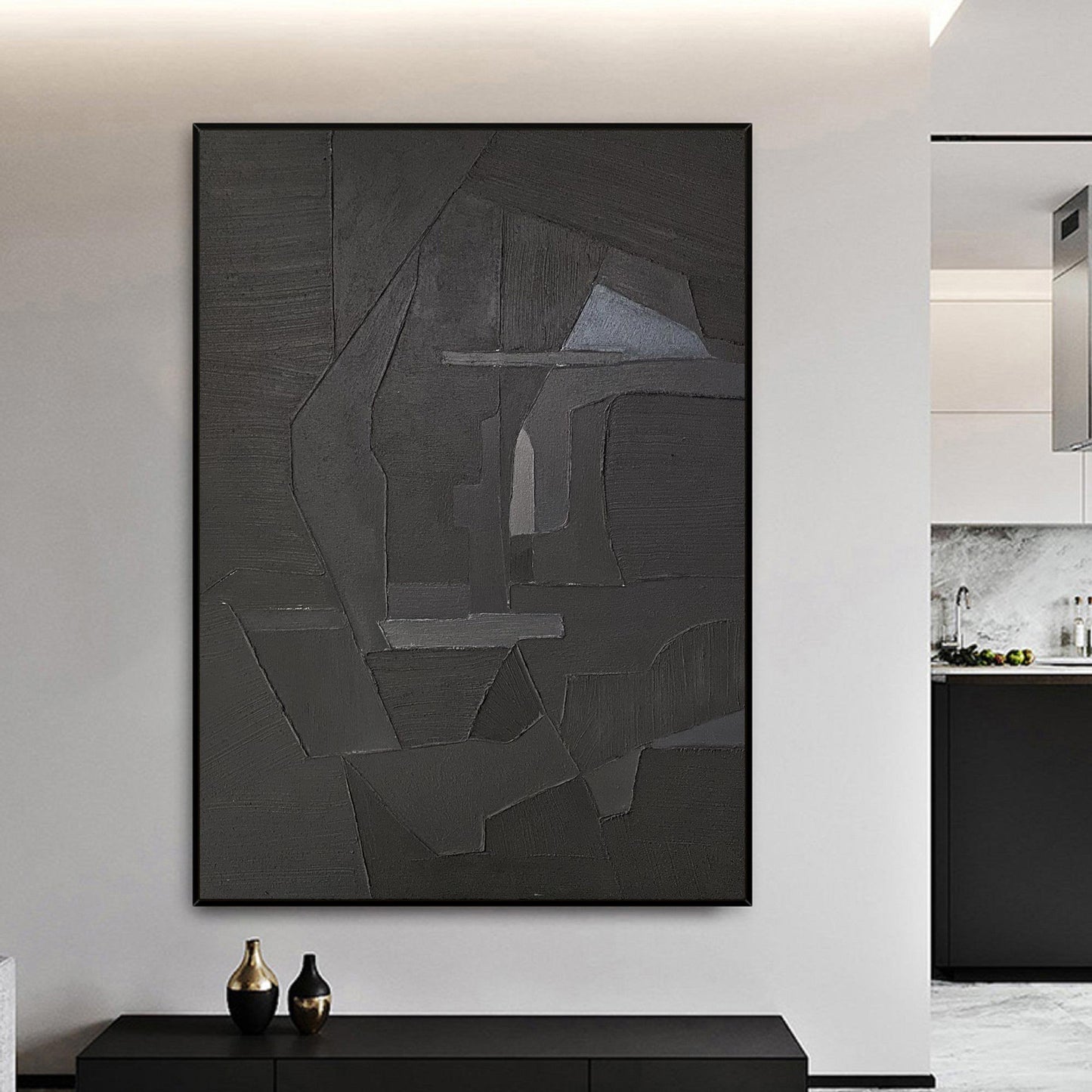 Contemporary Black Abstract Oil Painting for Modern Minimalist Home Décor