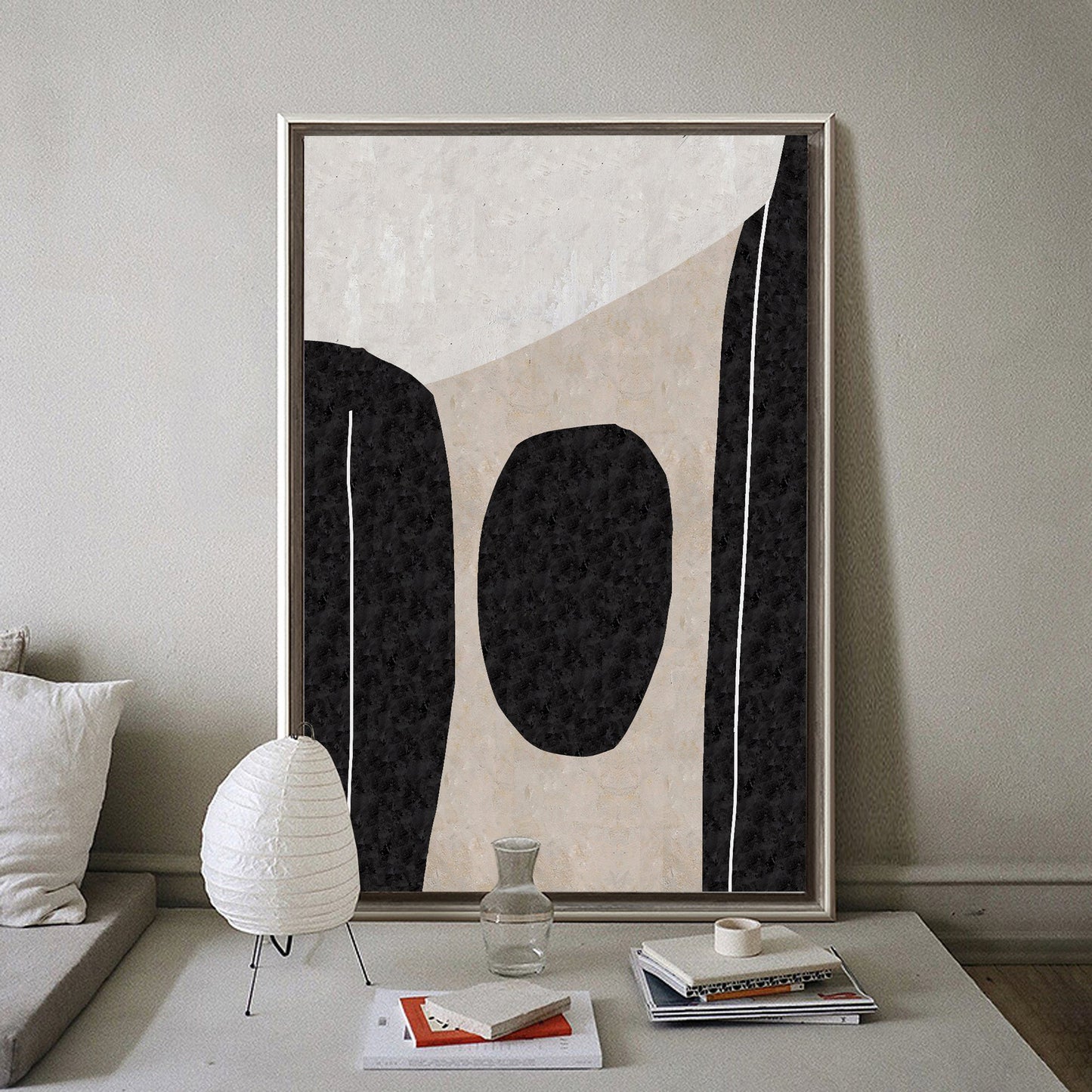 Abstract Black and White Minimalist Oil Painting for Modern Decor