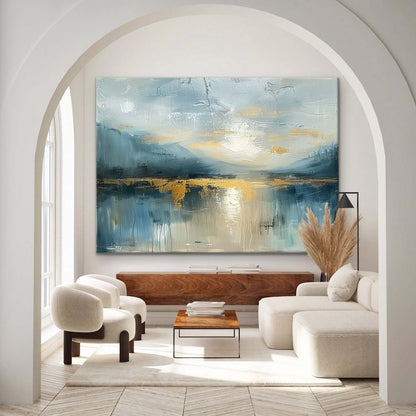 Serene Blue Landscape Oil Painting with Glimmering Gold Accents for Modern Decor