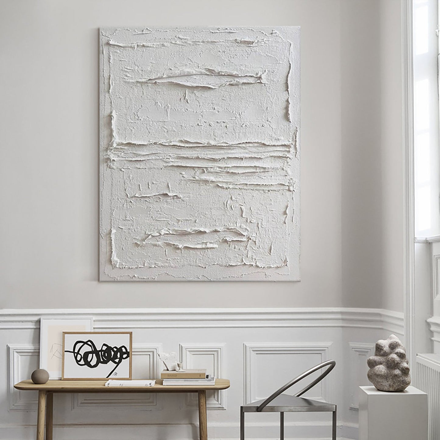 Textured White Abstract Oil Painting for Modern Minimalist Decor