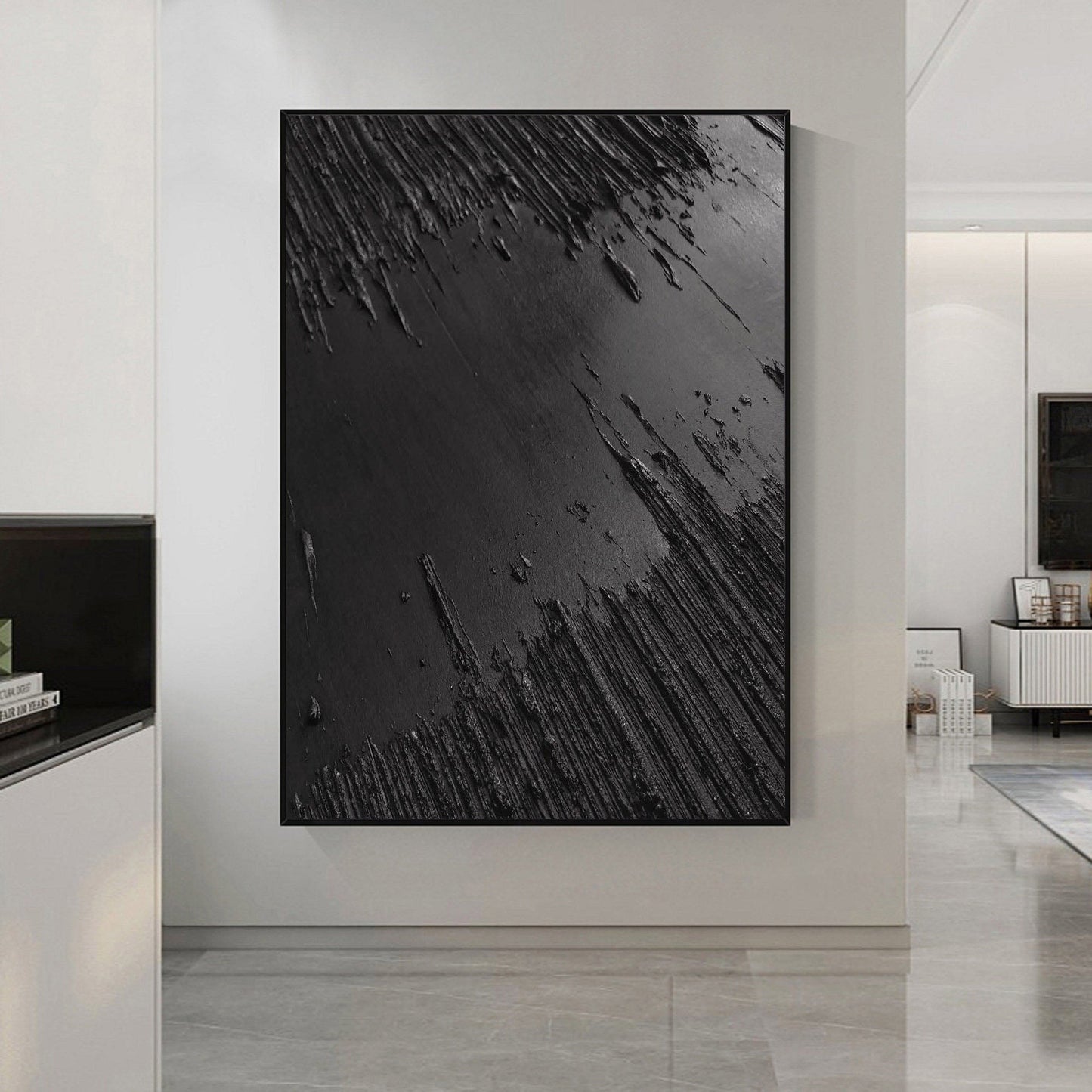 Textured Black Abstract Oil Painting for Modern Monochrome Home Decor