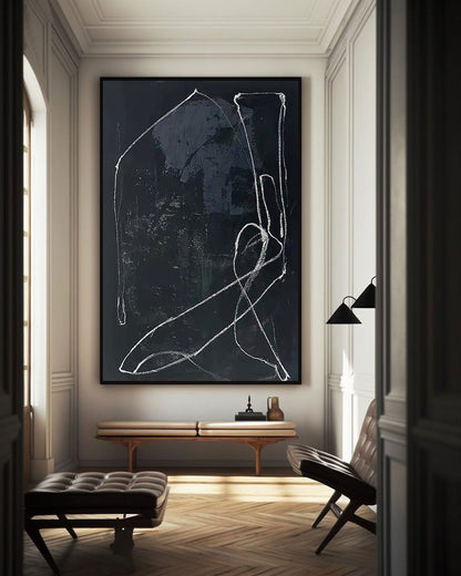 Chic Black Abstract Oil Painting with Elegant White Lines for Modern Decor
