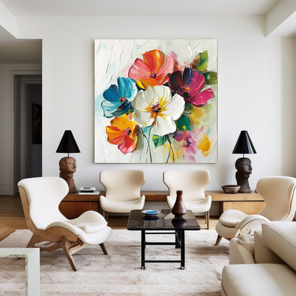 Vibrant Floral Abstract Oil Painting with Bold Colors and Dynamic Texture