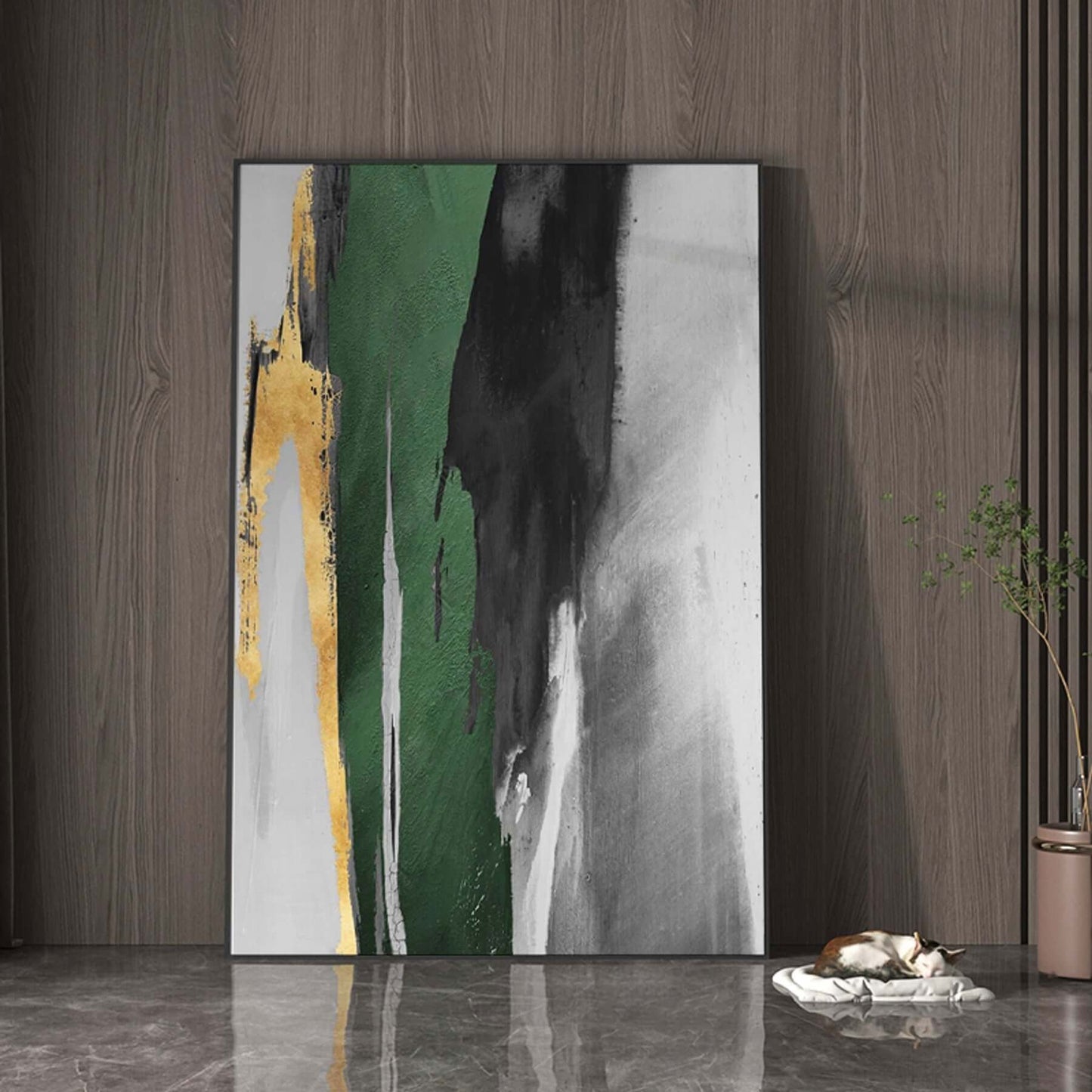 Abstract Oil Painting with Gold and Green Accents for Modern Decor