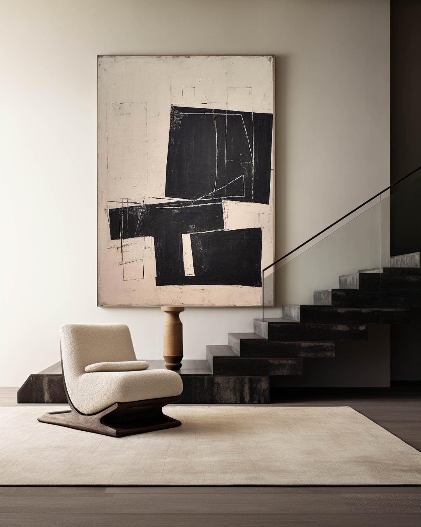 Contemporary Minimalist Black and White Abstract Oil Painting for Modern Homes