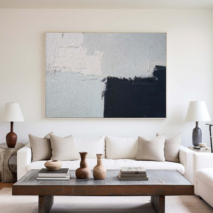 Contemporary Minimalist Abstract Oil Painting in Black and White Tones