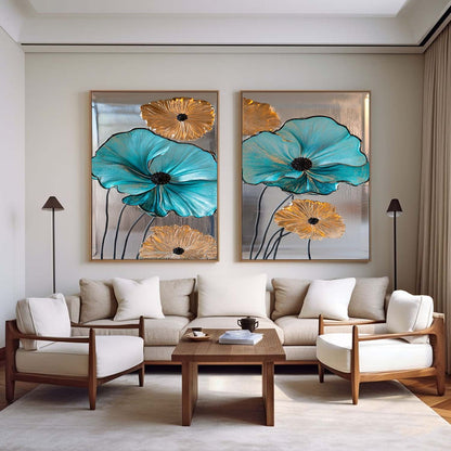 Elegant Blue and Gold Floral Abstract Oil Paintings for Modern Decor
