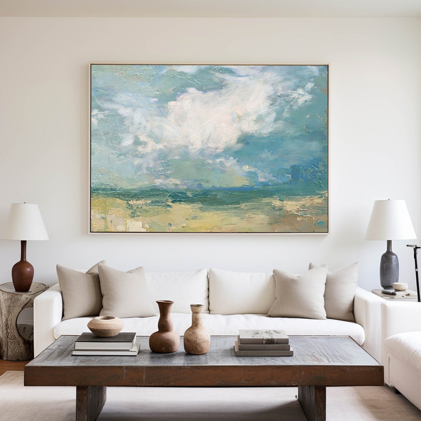 Serene Coastal Sky and Sea Oil Painting for Tranquil Home Decor