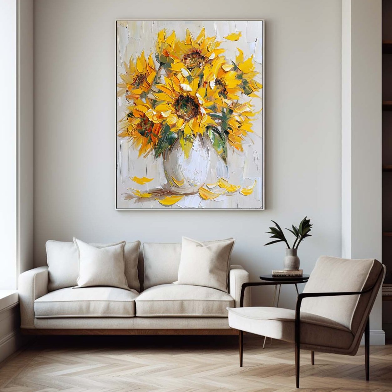 Vibrant Sunflower Bouquet in White Vase | Original Oil Painting Decor