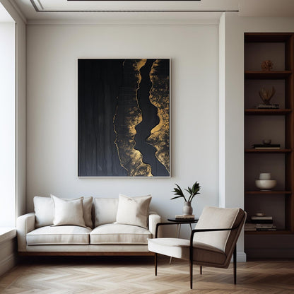 Elegant Minimalist Black and Gold Abstract Oil Painting for Modern Decor