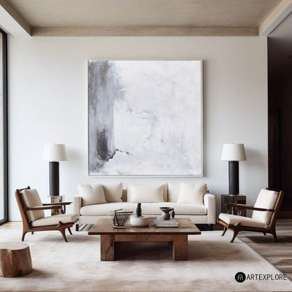 White Minimalist Abstract Oil Painting for Modern Home Decor