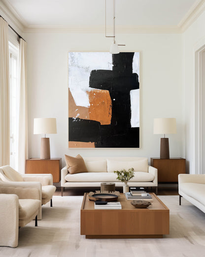 Modern Minimalist Abstract Oil Painting in Black, White, and Copper Tones