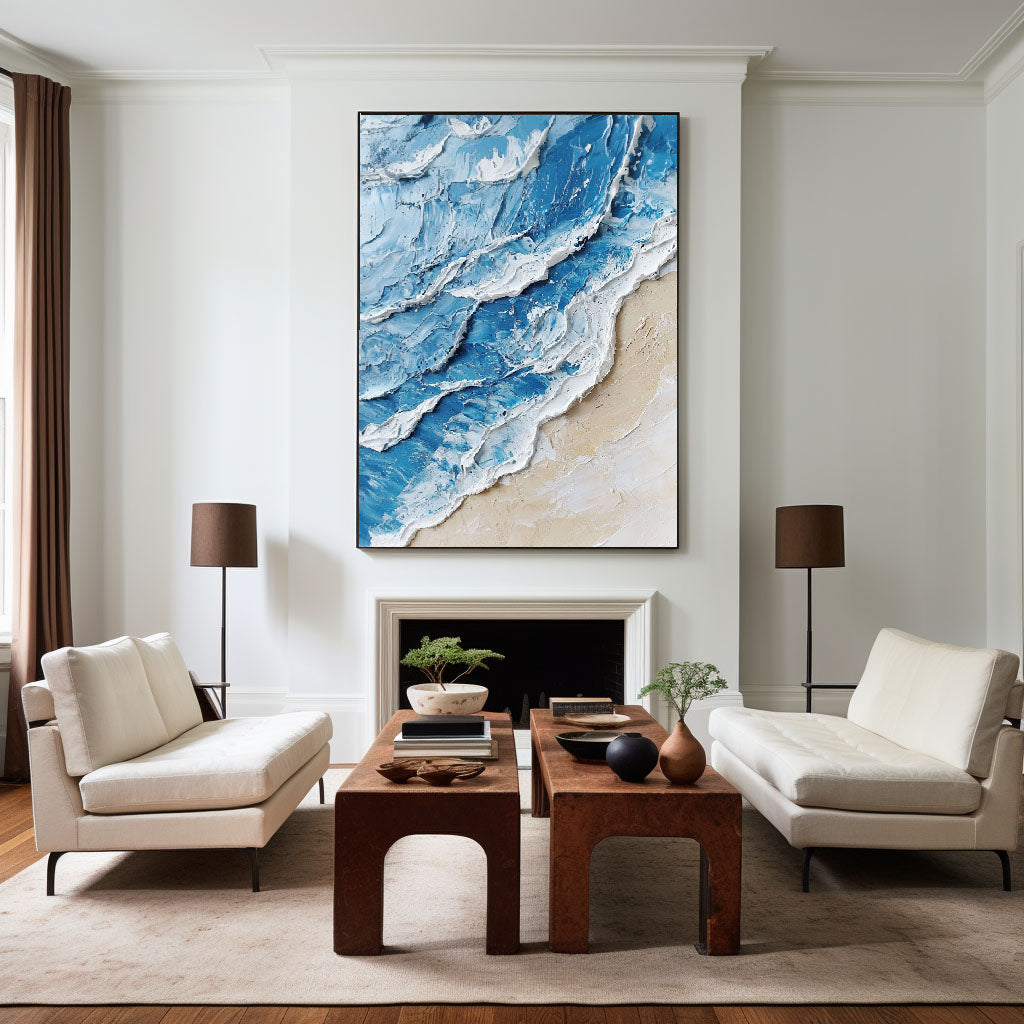 Stunning Blue and White Ocean Wave Oil Painting for Coastal Home Decor