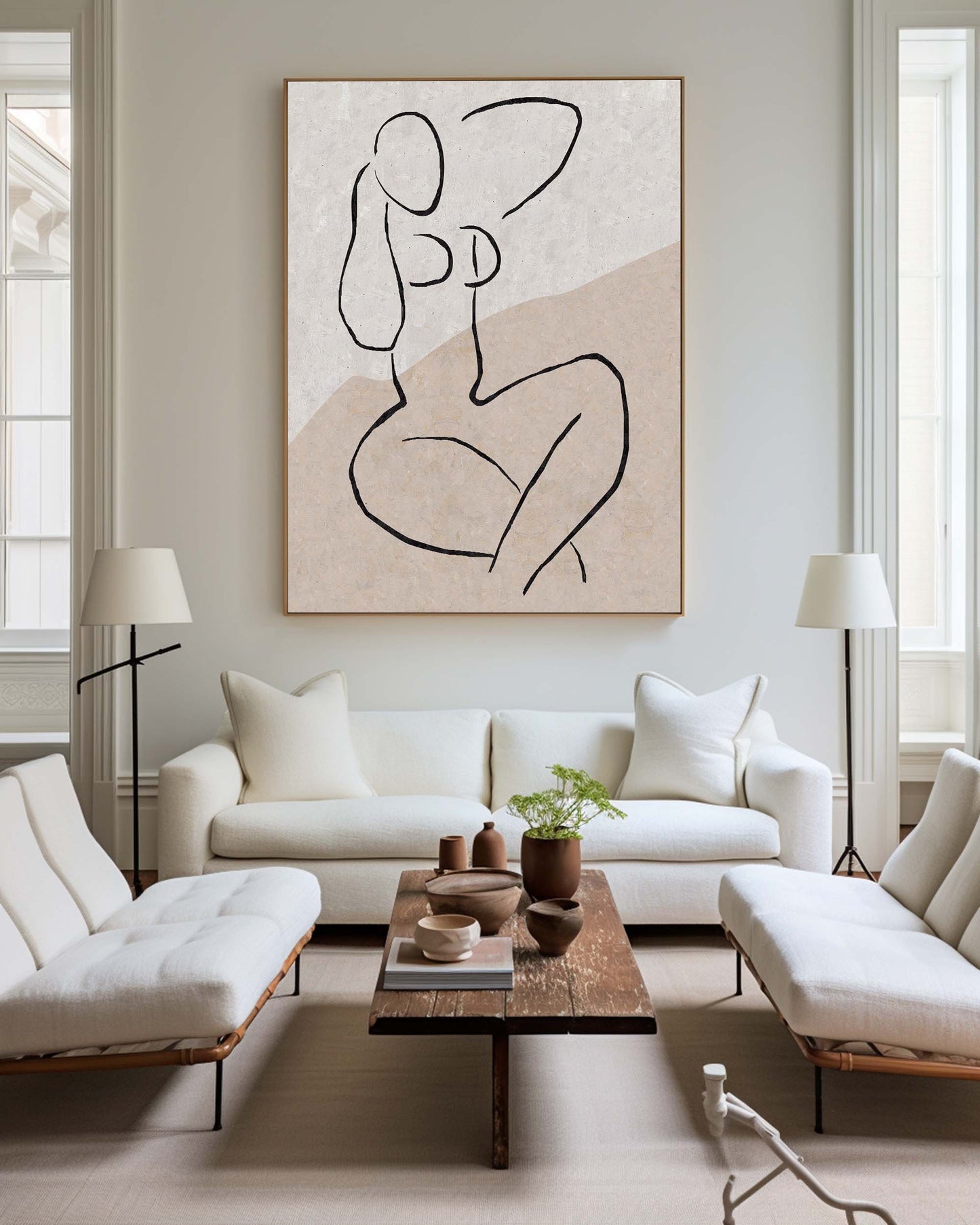 Stylish Beige Abstract Oil Painting with Minimalist Female Figure Art