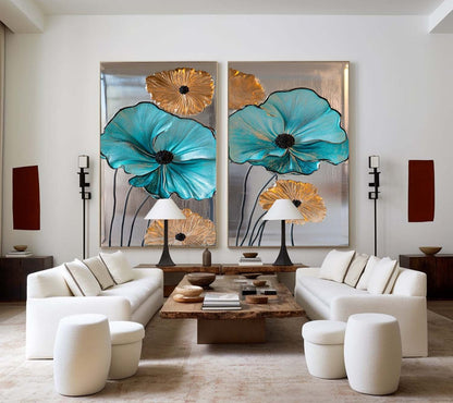 Elegant Blue and Gold Floral Abstract Oil Paintings for Modern Decor