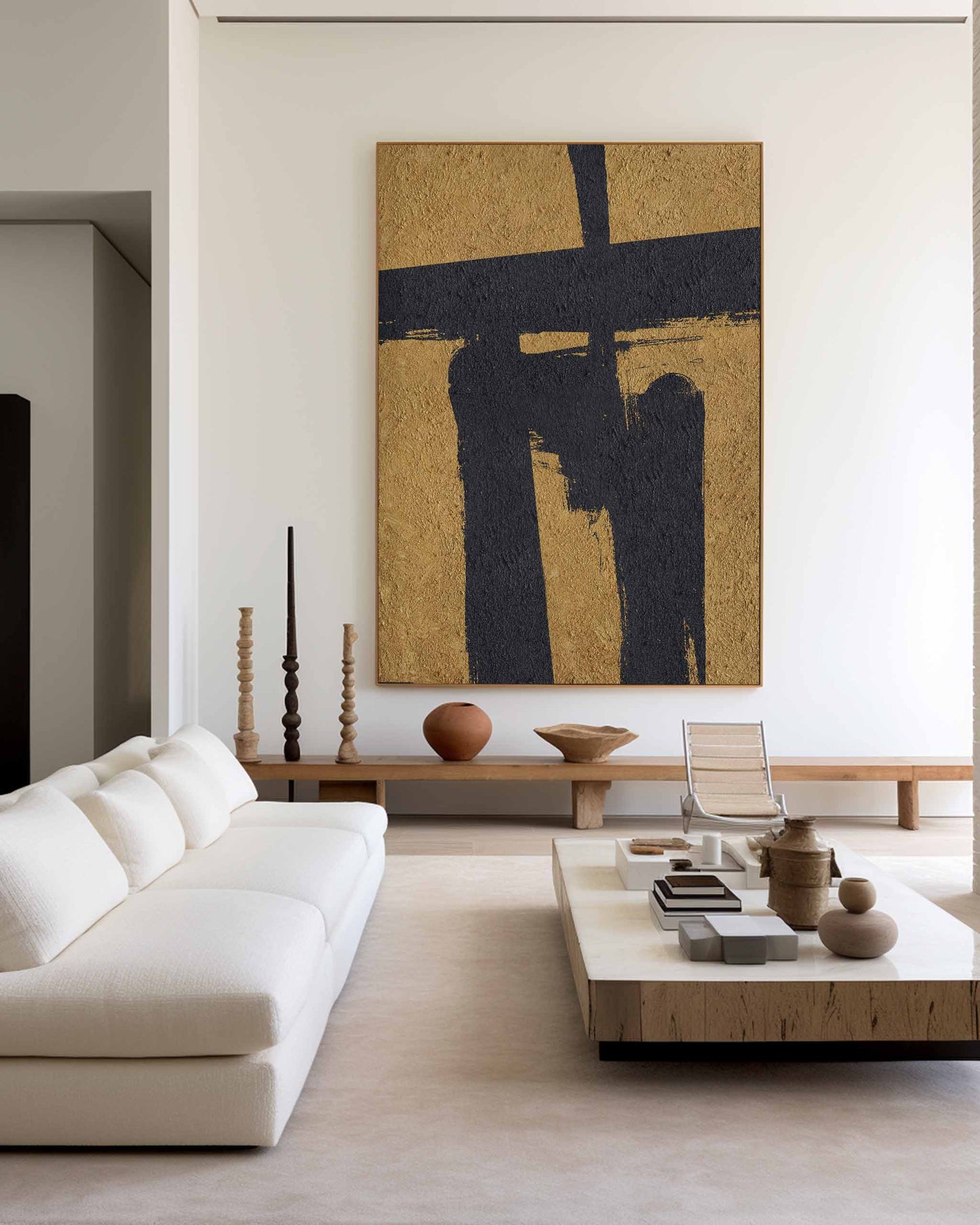 Stunning Black and Gold Abstract Minimalist Oil Painting for Modern Decor