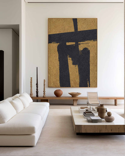 Stunning Black and Gold Abstract Minimalist Oil Painting for Modern Decor
