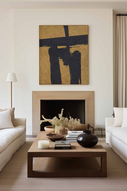 Stunning Black and Gold Abstract Minimalist Oil Painting for Modern Decor