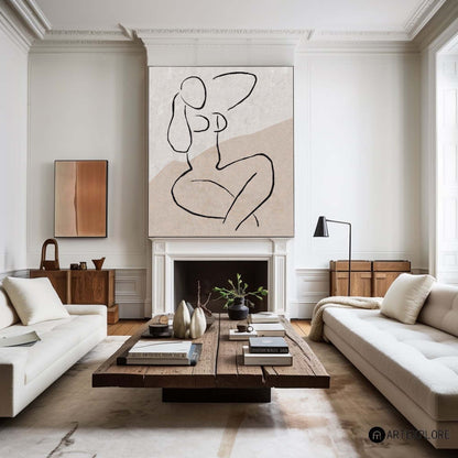 Stylish Beige Abstract Oil Painting with Minimalist Female Figure Art