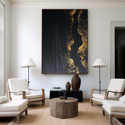 Elegant Minimalist Black and Gold Abstract Oil Painting for Modern Decor