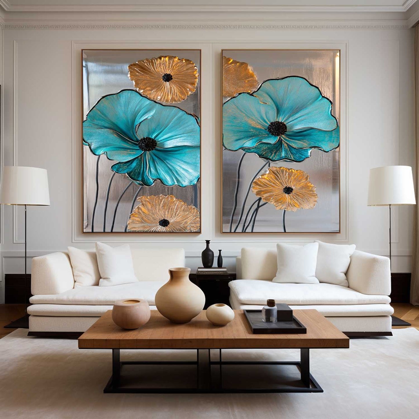 Elegant Blue and Gold Floral Abstract Oil Paintings for Modern Decor