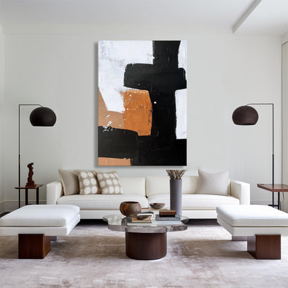 Modern Minimalist Abstract Oil Painting in Black, White, and Copper Tones