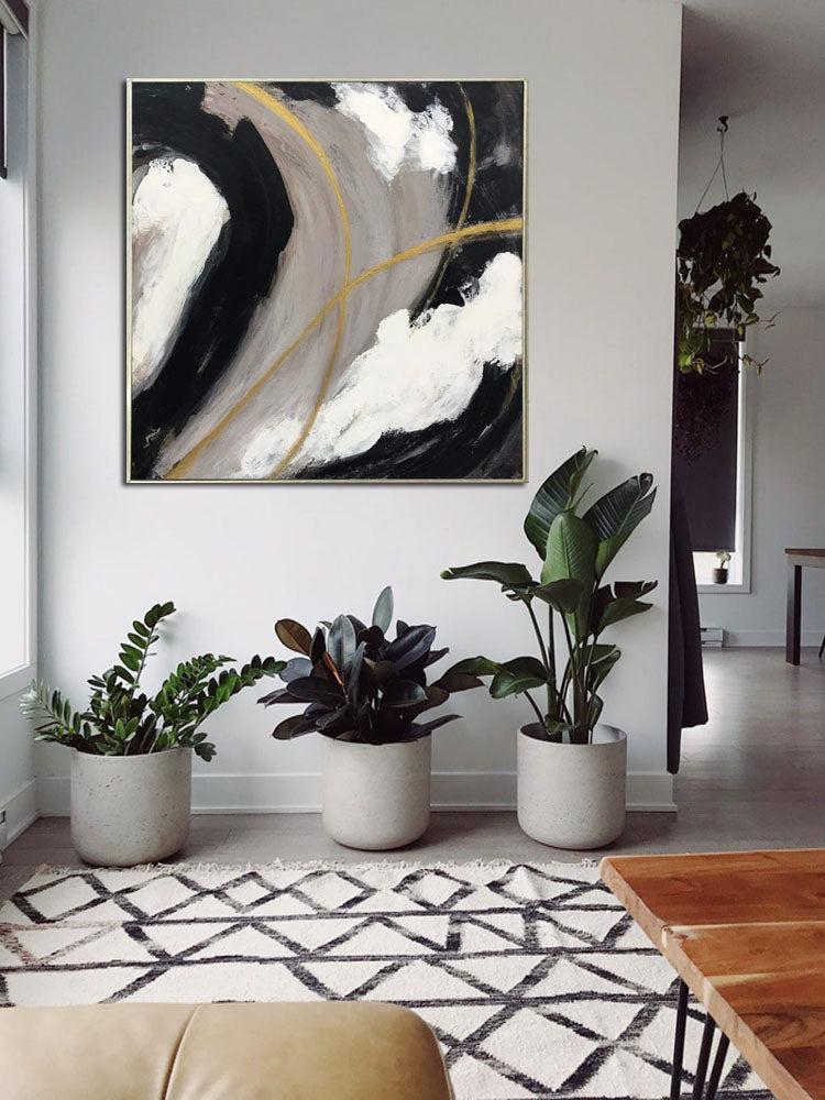 Abstract Oil Painting in Black, White, and Gold - Modern Home Decor Art