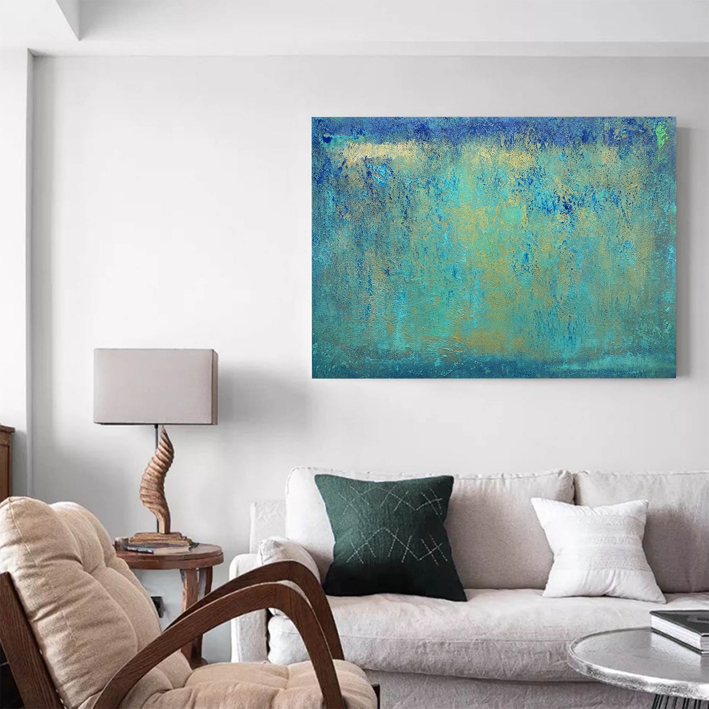 Serene Blue and Green Abstract Oil Painting for Modern Home Decor