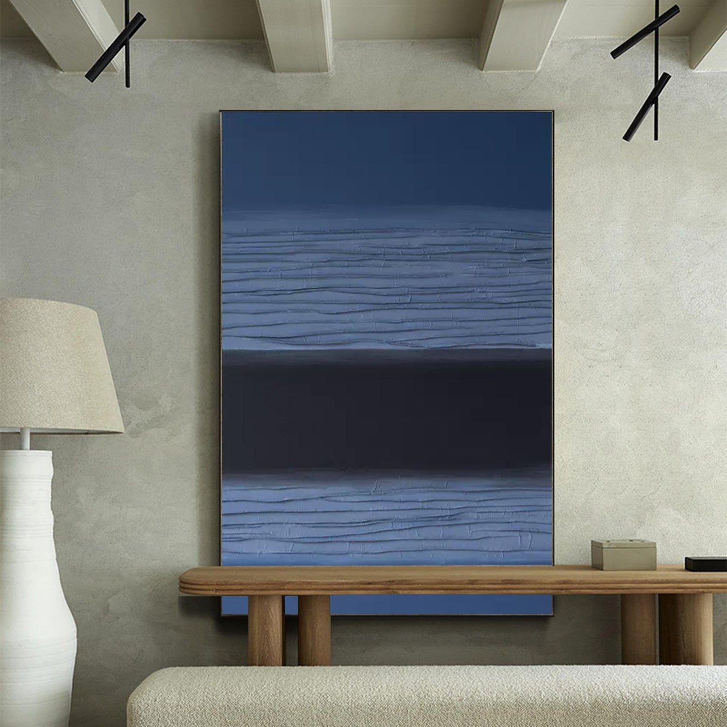 Abstract Minimalist Oil Painting in Deep Blue and Black for Modern Home Decor