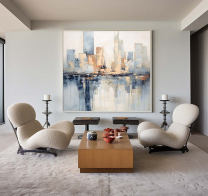 Contemporary Cityscape Oil Painting with Abstract Reflections